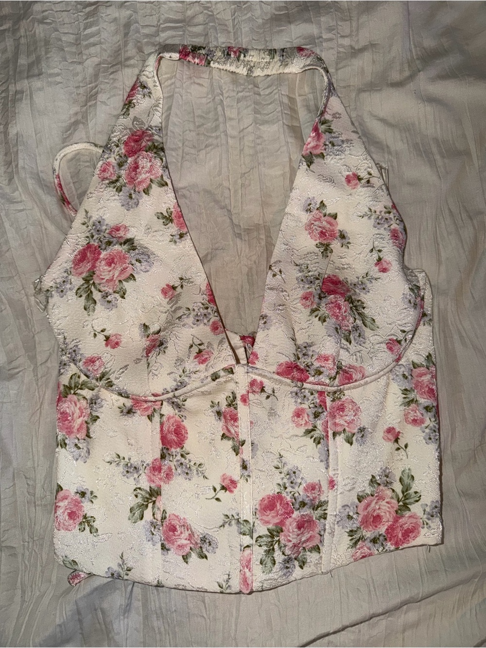 NWT- Windsor Floral Halter corset crop top - Pink on White